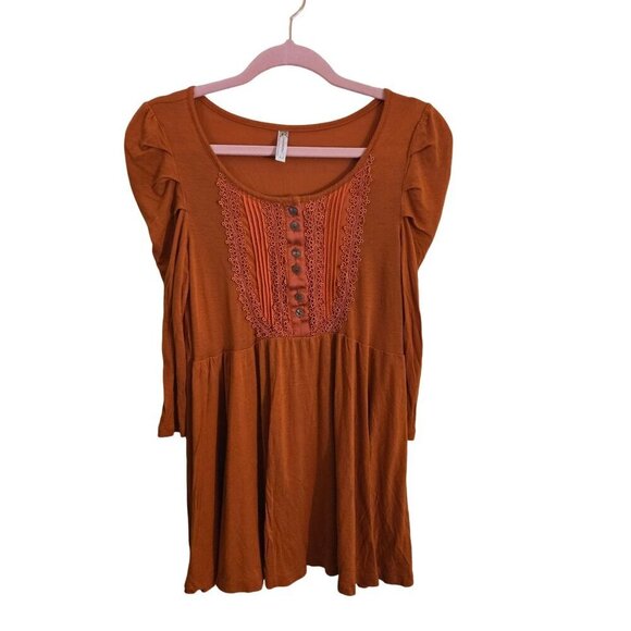 Free People Orange/Rust Crochet Button-Front Tunic Rayon Babydoll Dress Size S - Picture 1 of 6